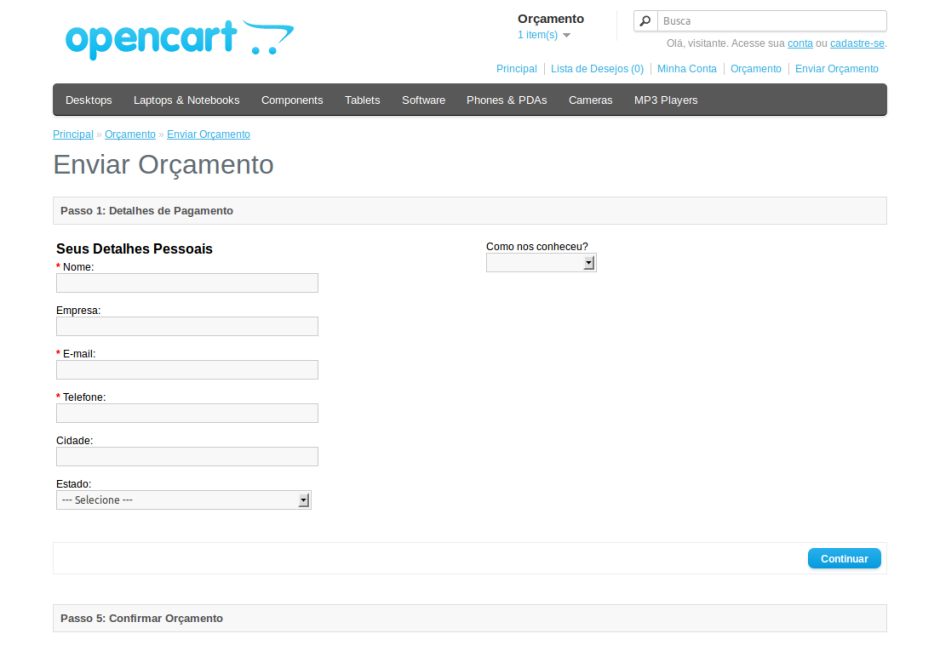 Passo 1 checkout orçamento OpenCart